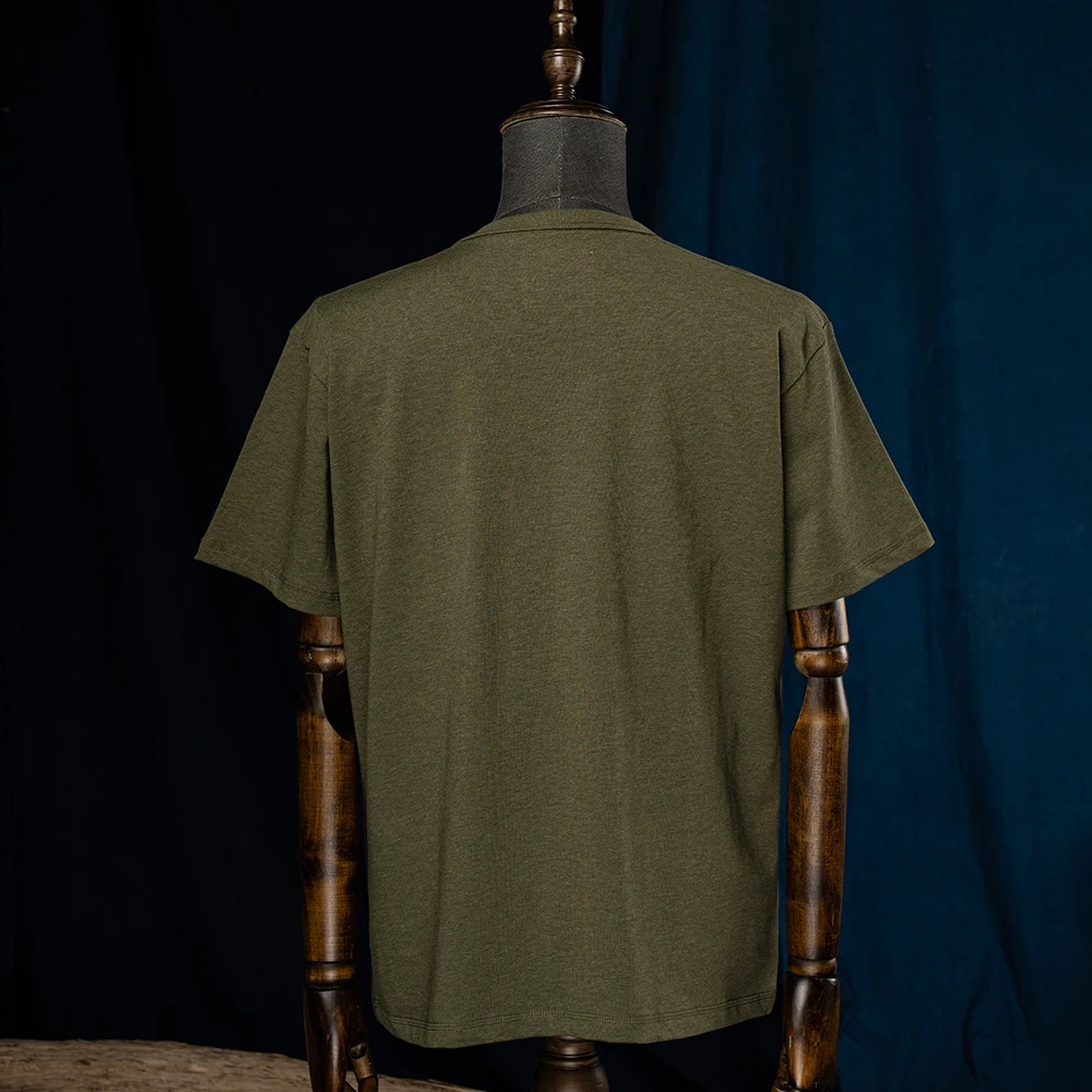2025 New Summer Vintage Cotton Casual T-Shirt Men Olive Green Short Sleeve T-Shirt Basic Soild Round Neck Pocket T-Shirt