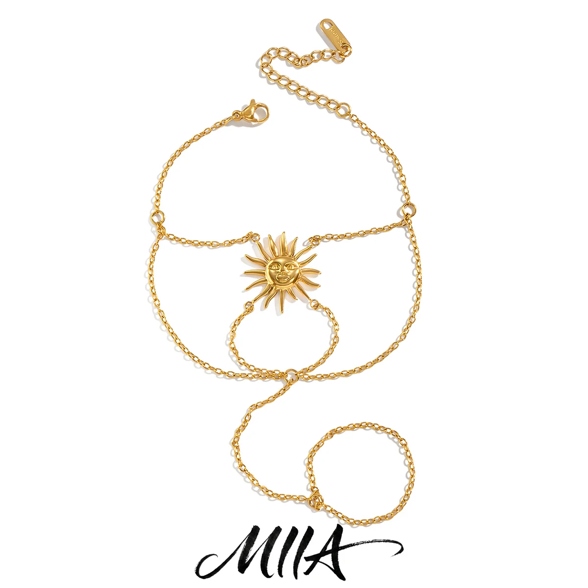 Miia Jewelry 18K Gold Stainless Steel Vintage Sun Face Slave Hand Chain Dainty Adjustable Finger Bracelet Boho For Women