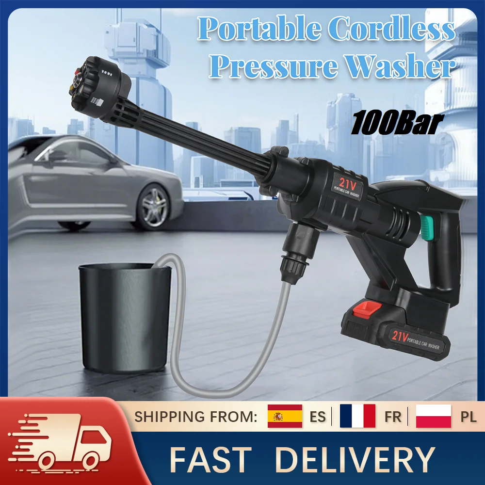 Lavatrice ad alta pressione senza fili da 100 bar Pistola per autolavaggio portatile con ugello 21V 6 in 1 con bottiglia di schiuma per la pulizia dell'auto del giardino domestico