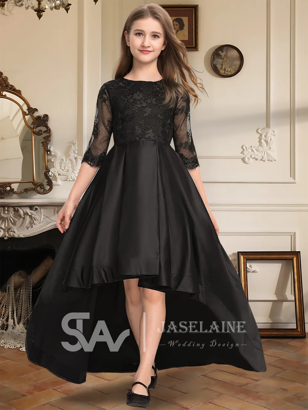 キッズAラインスクープジュニアブライズメイドドレスフラワーガールドレスハイローアシンメトリーサテンレースハーフスリーブウェディングフォーマルドレス