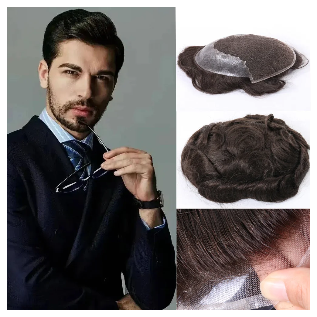 

Мужской парик-накладка из 100% натуральных волос с французским кружевом и тонкой полиуретановой основой для замещения волос при выпадении у мужчин