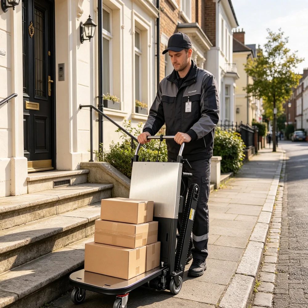 Chariot élévateur électrique pliable Diable, capacité 250 kg, chenilles en caoutchouc antidérapantes pour le transport de meubles et la logistique d'entrepôt