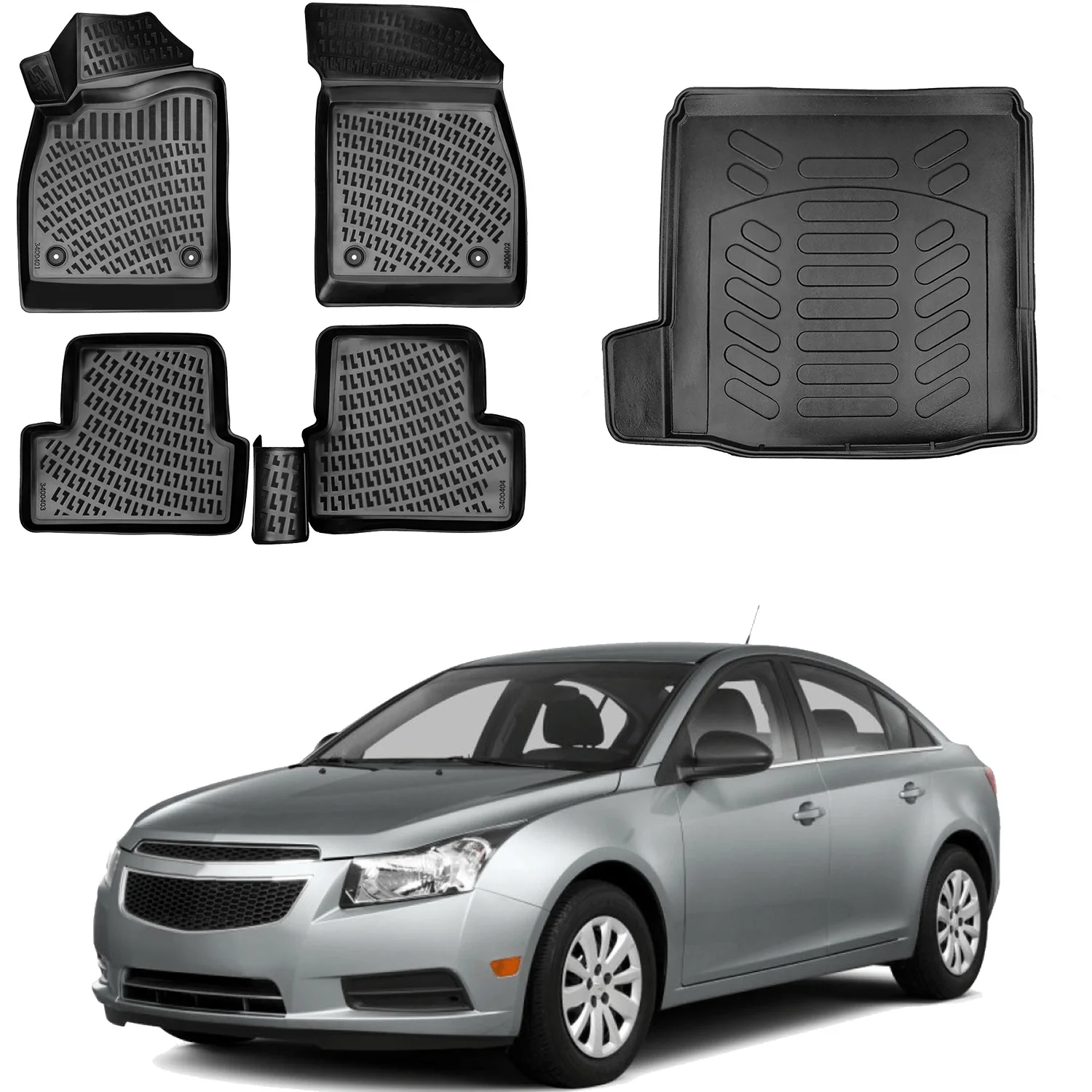 Floor Mats + Cargo Trunk Liner Fits Chevrolet Cruze 2008-2016 Set - All Weather Maximum Coverage - Water Resistance