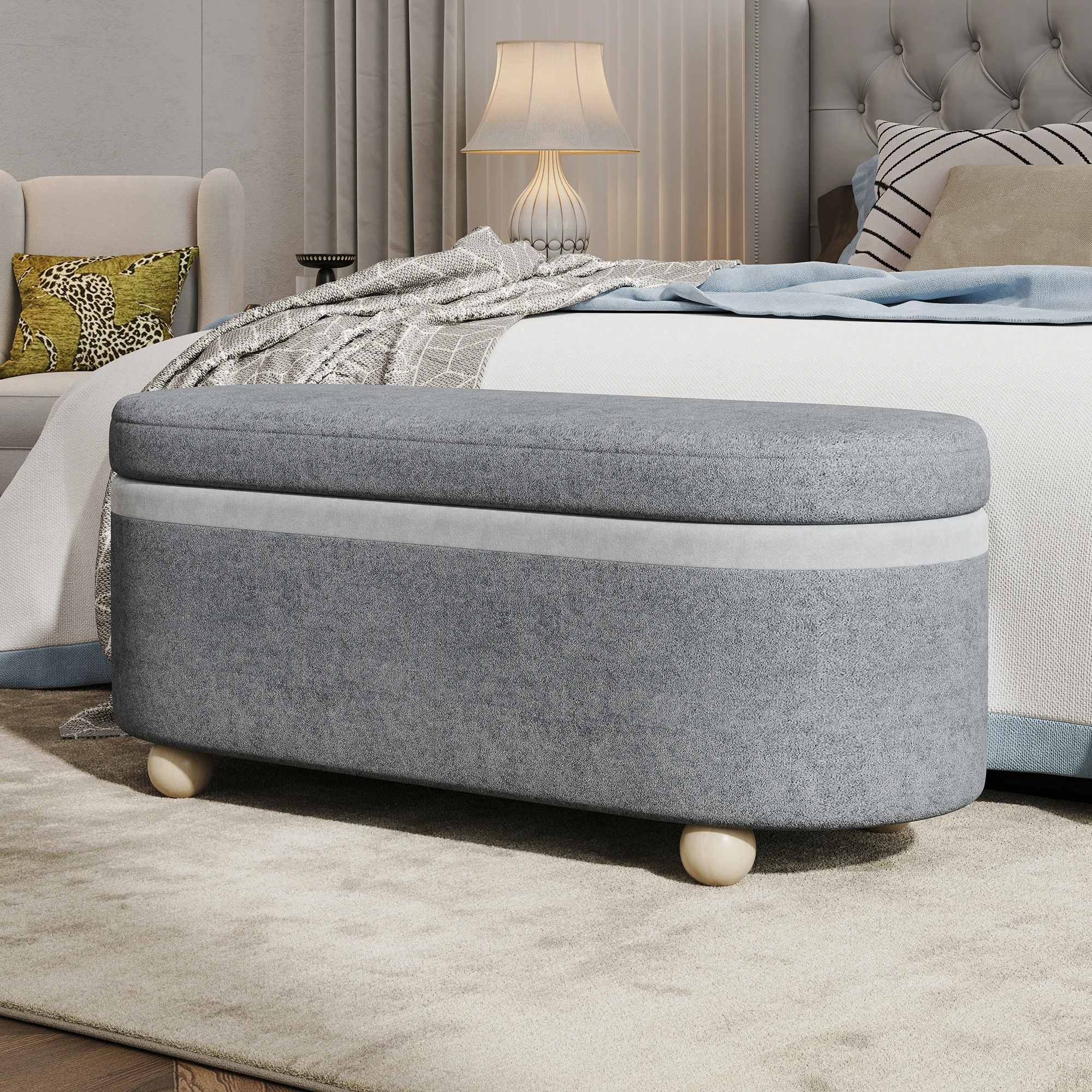 Banco Otomano de Almacenamiento de Lino Gris, Reposapiés Multifuncional con Almacenamiento Oculto para Dormitorio, Sala de Estar, Almacenamiento en el Pie de la Cama - Caja de Almacenamiento