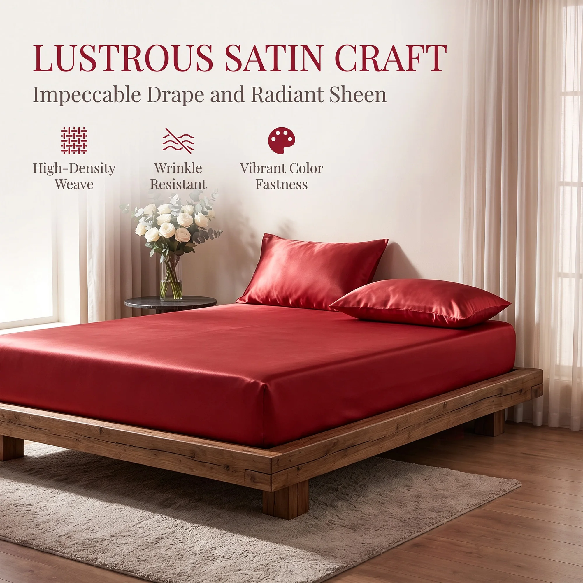 3pc Lustrous Satin Fitted Sheet Set, Silky Smooth Deep Pocket Mattress Cover, Wrinkle Resistant High Density Weave Solid Color Fitted Bed Sheet, Vibrant Color Fastness Luxury Satin Bedding, Soft Cooling Bed Mattress Protector For Bedroom Guest Room Hotel