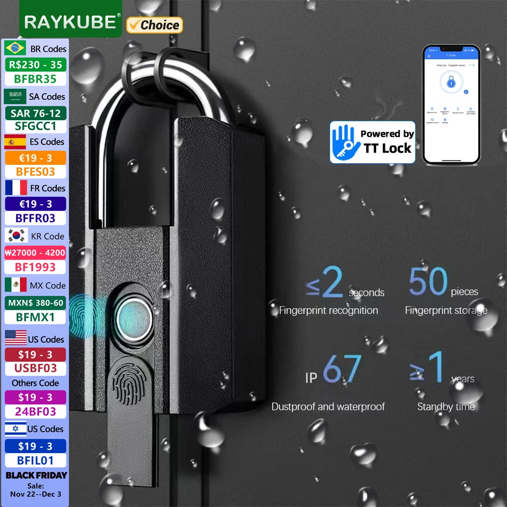 RAYKUBE Waterproof TT Lock BLE Electronic Lock Digital Fingerprint Padlock with Built-in rechargeable Battery APP key Unlock