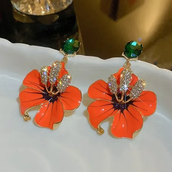 Koreaanse Stijl Oranje Emaille Bloemen Oorbellen Voor Vrouwen Meisjes Groene Kristallen Bengelen Oorbellen Feest Sieraden - afbeelding 2