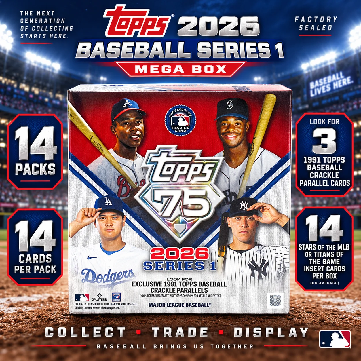2026 Topps Baseball Series 1 Mega Box, 14 Packs, 14 Cards Per Pack, 196 Cards Total, Look for 3 Crackle Parallels and 14 Stars of the MLB or Titans of the Game Inserts on Average