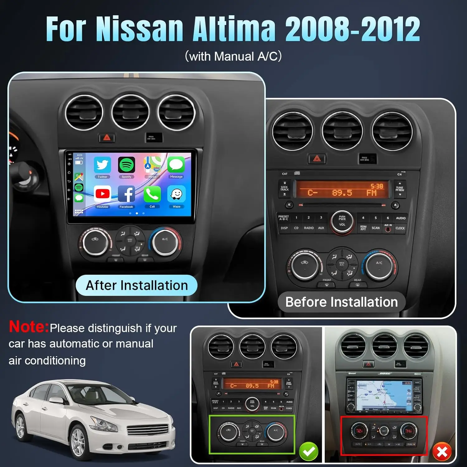 9 Inch Wireless Car Stereo for Nissan Altima 2008-2012 Manual A/C HD Touchscreen Car Radio with Backup Camera GPS WIFI FM 2G+32G