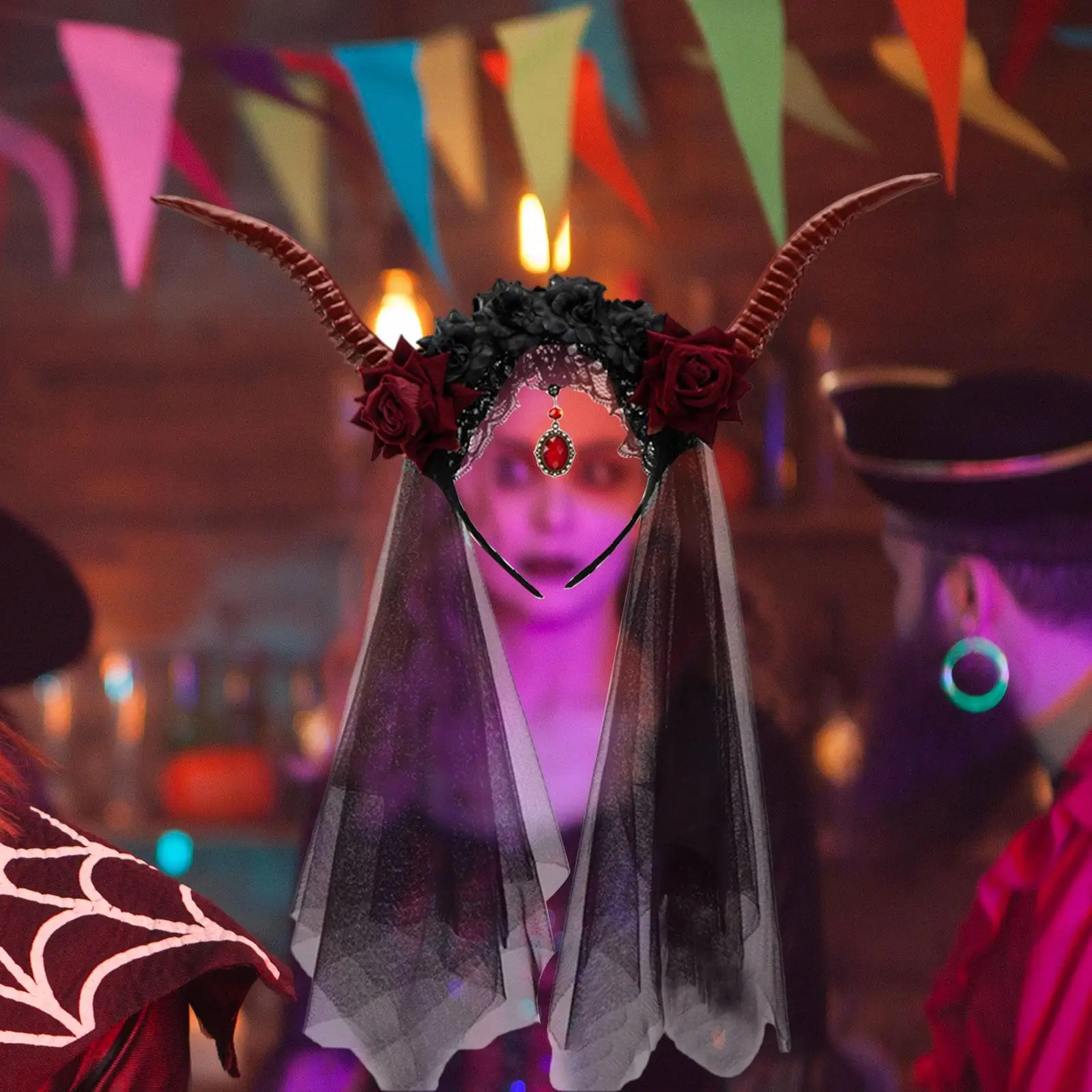 Net bandana diabo bandana gótico cosplay antílope headpiece feminino bandana de cabelo para role play longo cabelo curto