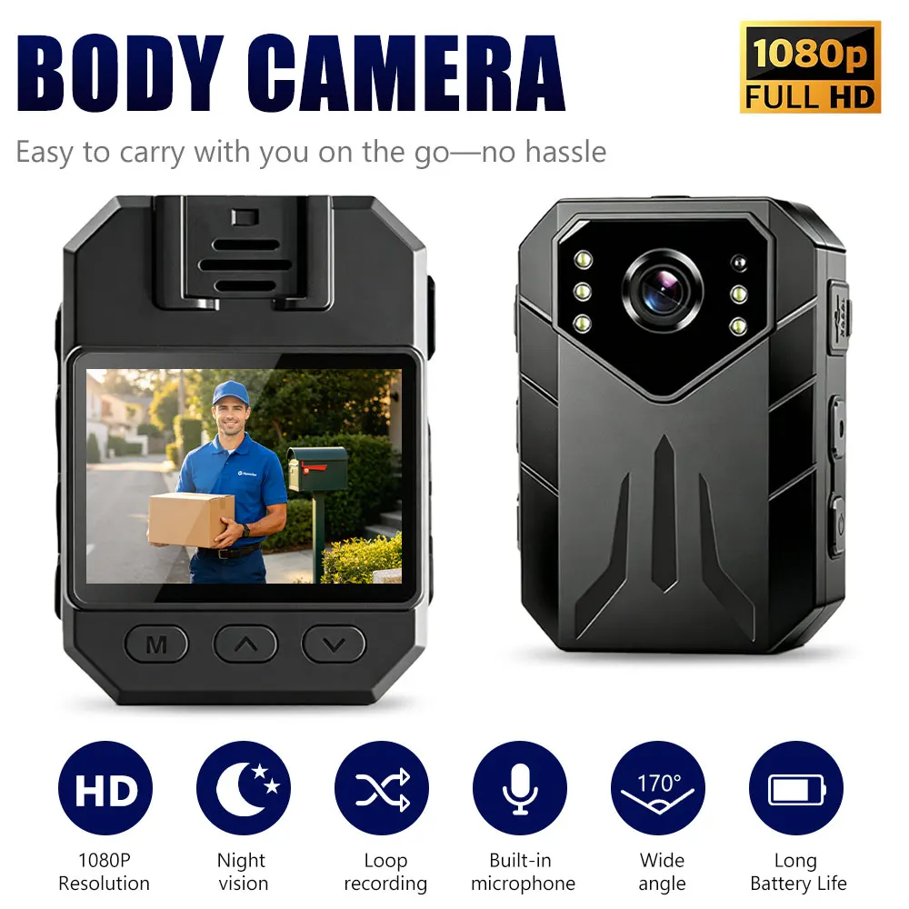 1080P Wearable Body Camera Portable Body Cam Night Vision 1800mAh Battery Loop Recording Hands Free Camera for Cycling Travel
