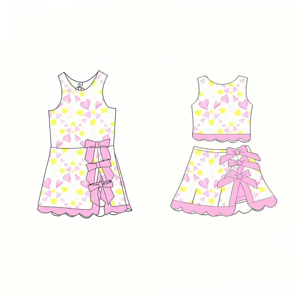 Boutique kids set Top paired short skirt girls set bow decoration dress love watermelon lemon popsicles print girl dress and set