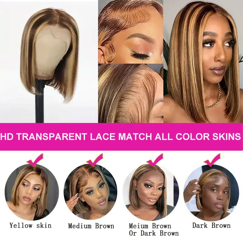 Highlight Wig Human Hair Bob Wig Straight Short Bob Human Hair For Women Brazilian 13x4 Lace Front Wig Piano Color Cheap Wig