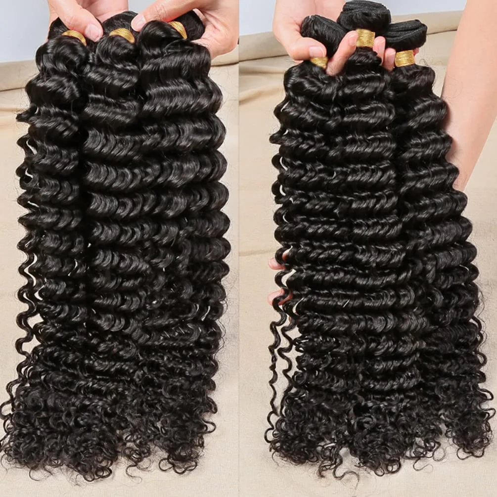 Brazilian Water Deep Wave Bundles with Frontal Natural Black Bundles Raw Hair Weaving 3 Bundles with Closure 4x4 For Extensions