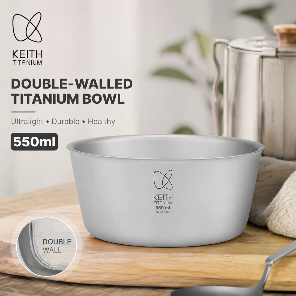 KEITH Pure Titanium Double Wall Anti-Scald Bowl, Healthy Rice Soup Bowl, Lightweight Tableware for Household Outdoor Travel