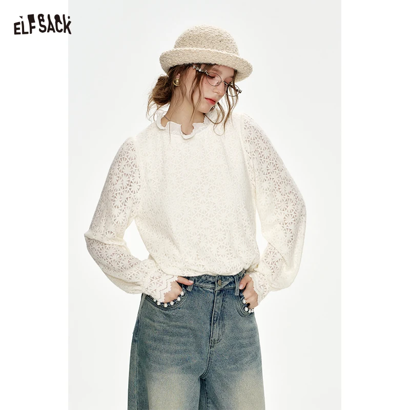 

ELFSACK 2024 Winter New Arrivals Sweet preppy style white lace collar blouse