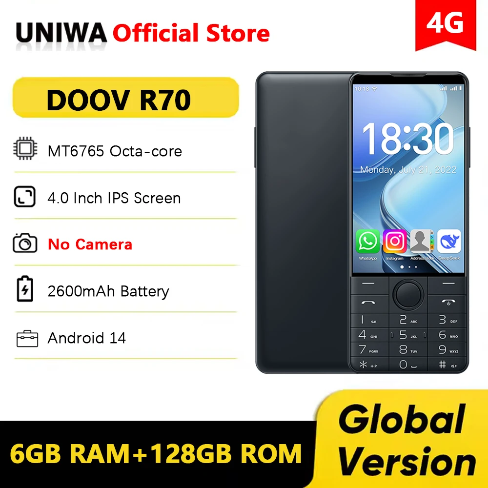 DOOV R70 4G умная клавиатура с сенсорным экраном мобильный телефон без камеры 4,0 дюйма 6 ГБ + 128 ГБ 2600 мАч Android 14 WhatsApp иврит клавиатура