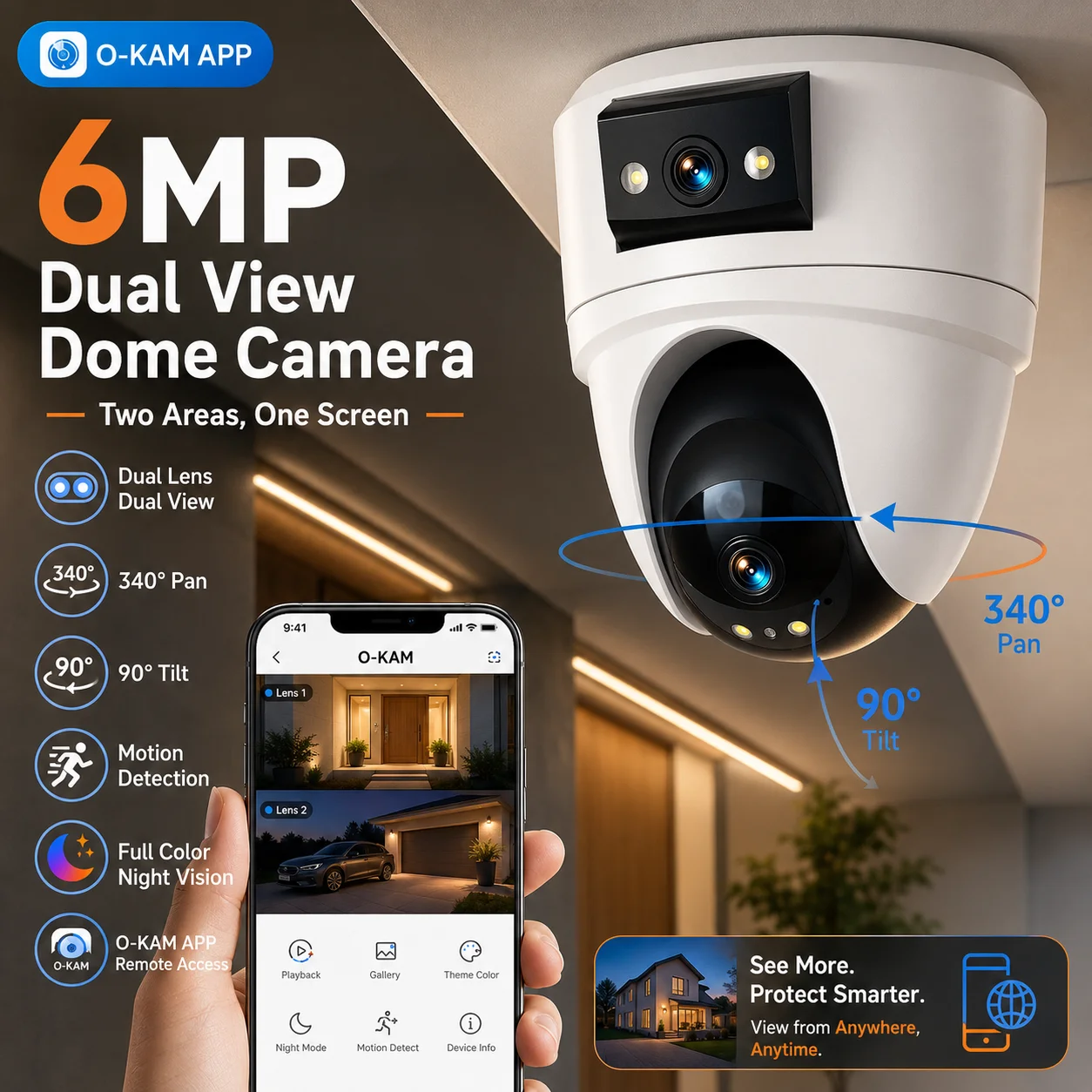 6MP Turret PTZ WiFi Camera O-KAM APP Indoor Motion Security Camera Two-Way Audio HD Infrared Night Vision Human detection Alert