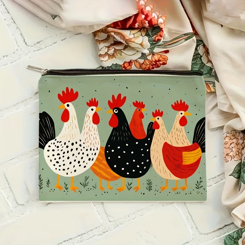 1Pc Colorful Rooster Retro Design Makeup Bag, Multifunctional Storage Bag for Snacks, Toiletries, and Stationery, Canvas Double-Sided Printed Bag, Suitable for Travel and On-The-Go Use