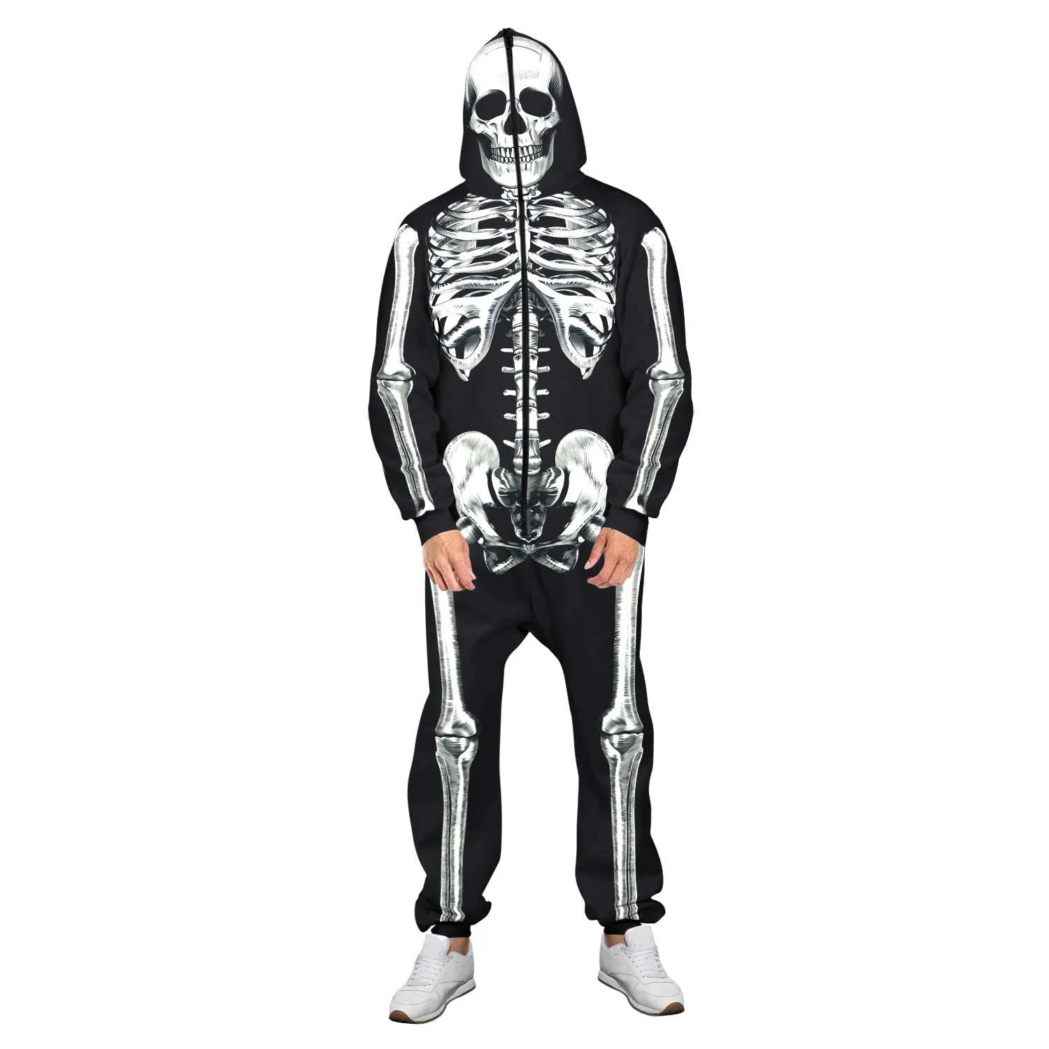 3D Digital Printed Skeleton Pajamas for Men and Women, Zipper Sweatshirt, Mesh, Red Rose, Velvet, Halloween, 1 Pc