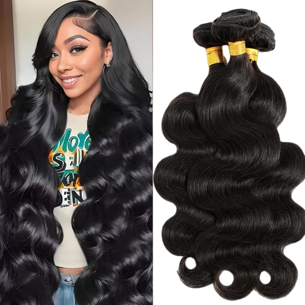 # 1B人毛1束3束ボディウェーブ人毛束人毛エクステ本物の人毛束ナチュラルブラックカラー束