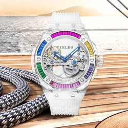 TIELBO-Reloj de pulsera automático para hombre, relojes mecánicos transparentes con esqueleto de cristal, reloj inteligente gratis