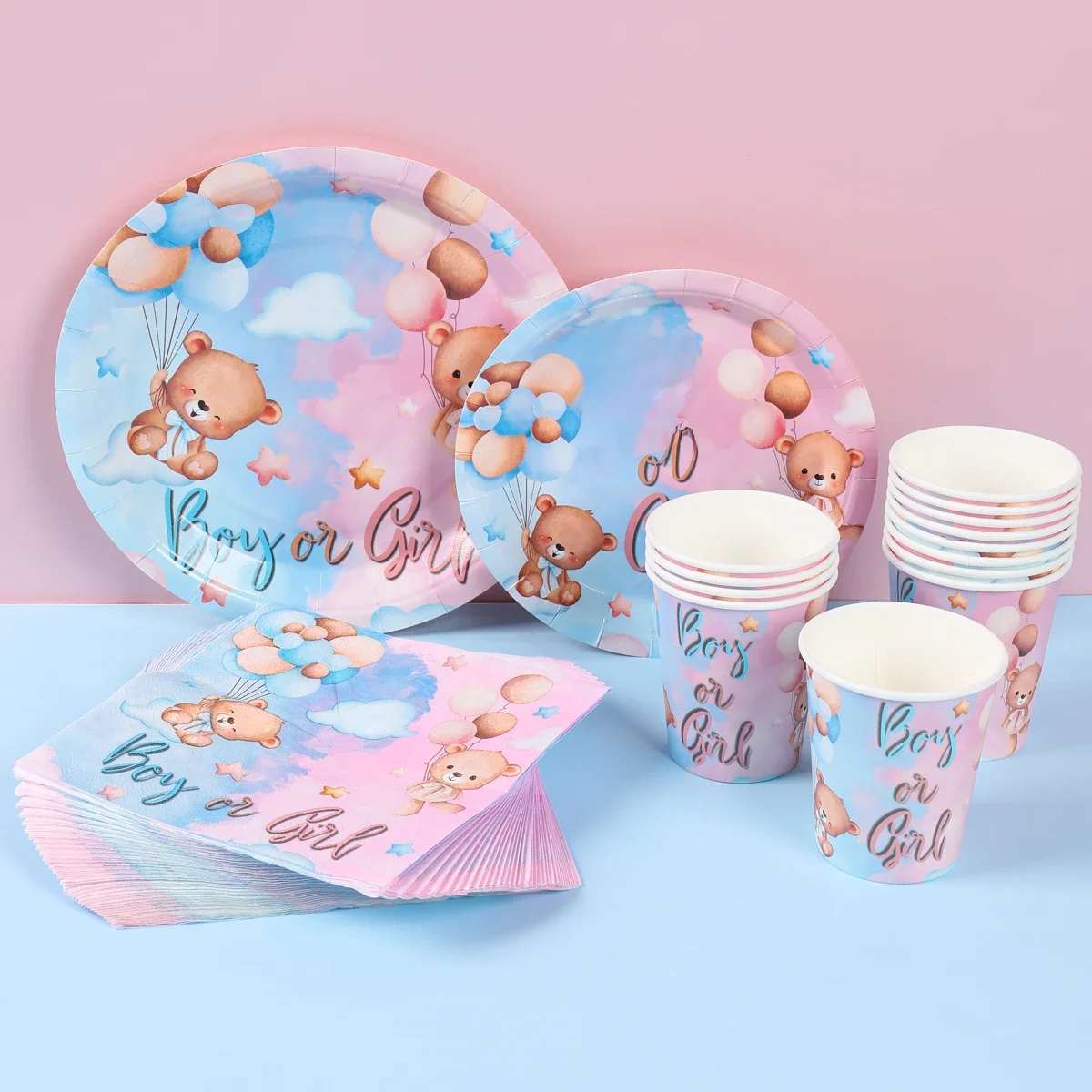 Teddy Bear Gender Reveals Baby Shower Ensembles de vaisselle de poulet, Rose, Bleu, Assiette de serviette, Garçon ou Fille, Joyeux anniversaire, ix