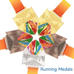 Medallas de Oro de corredor de correr, premio de trofeo con cintas para el cuello, medalla de maratón, Premio deportivo de escuela de Ciudad, regalo, insignia personalizada, impresión gratuita