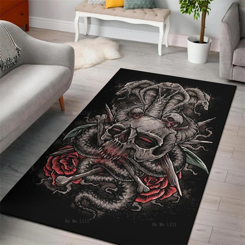 Skull Rose Snake Serpent Dark Baphomet Art Flannel Floor Rugs For Living Room Bedroom Home Decor