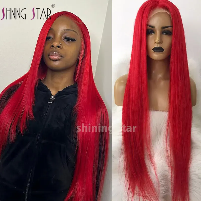 

Fire Red 13X4 Lace Front Wig Bone Straight Red Burgundy Colored Human Hair Wigs Brazilian 13X6 HD Transparent Lace Frontal Wig