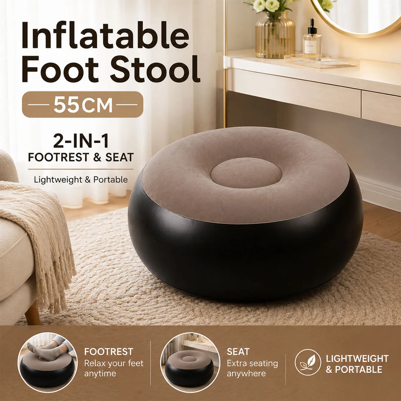 1 pièce Pouf gonflable portable 2-en-1, repose-pieds et tabouret de siège léger pour canapé, maison et salon