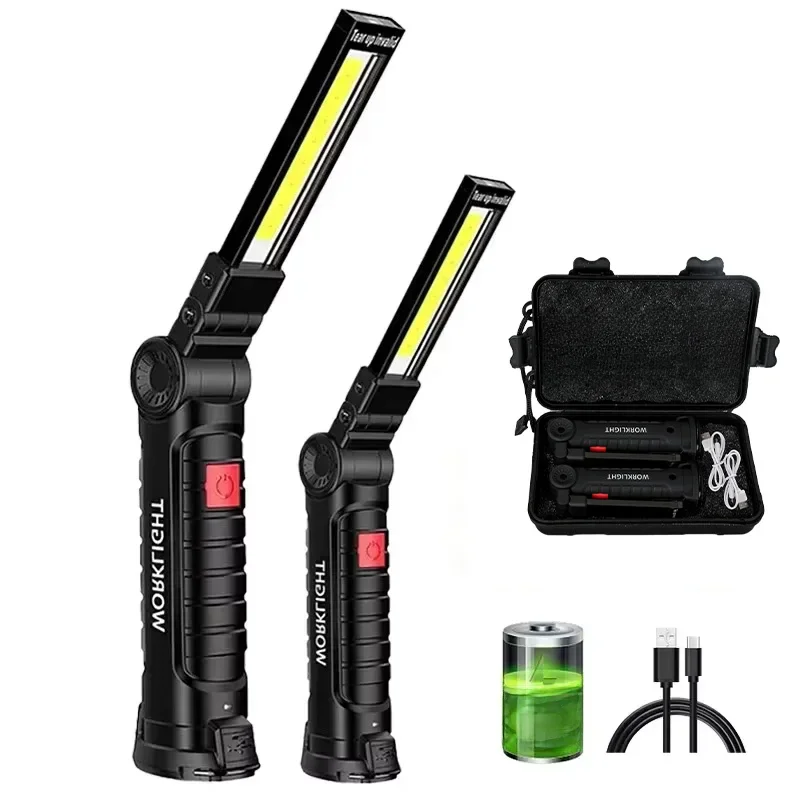 Lampe de travail LED COB à intensité variable, Rechargeable par USB, lampe d'inspection avec aimant et crochet, batterie 14500/18650, 1 pièce