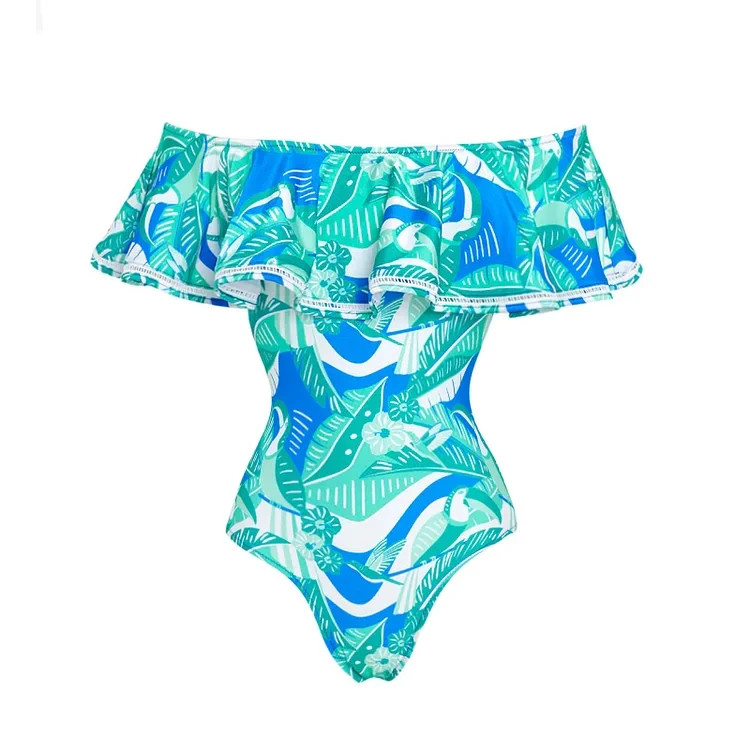 Maiô e saia de uma peça de impressão tropical feminino, fora do ombro Beachwear, babados duas peças maiô, Swimwear