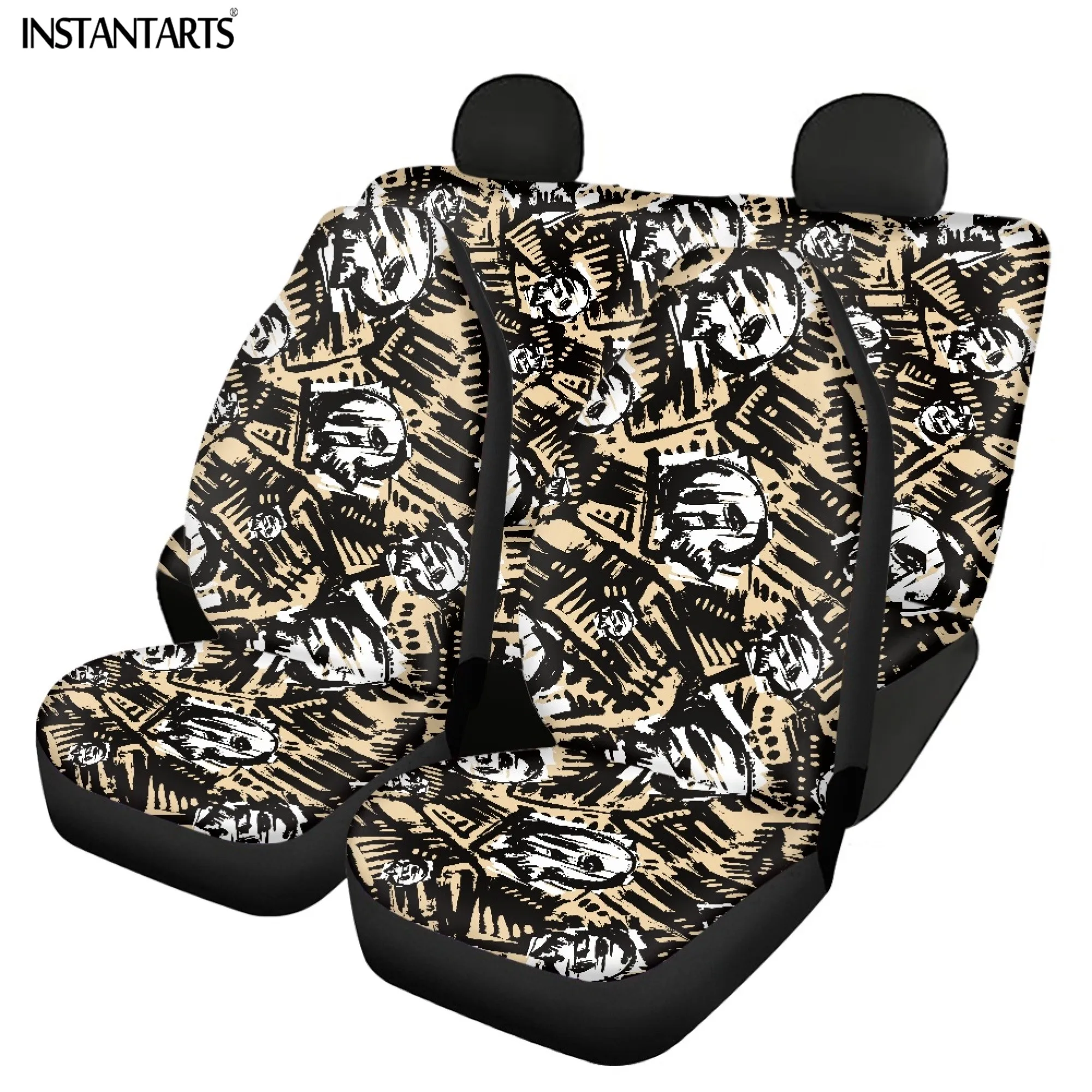 INSTANTARTS Vehicle Front and Back Seat Covers Cool Skull Design Retro Personality Easy to Clean Dirt-proof Car Decorative Mats