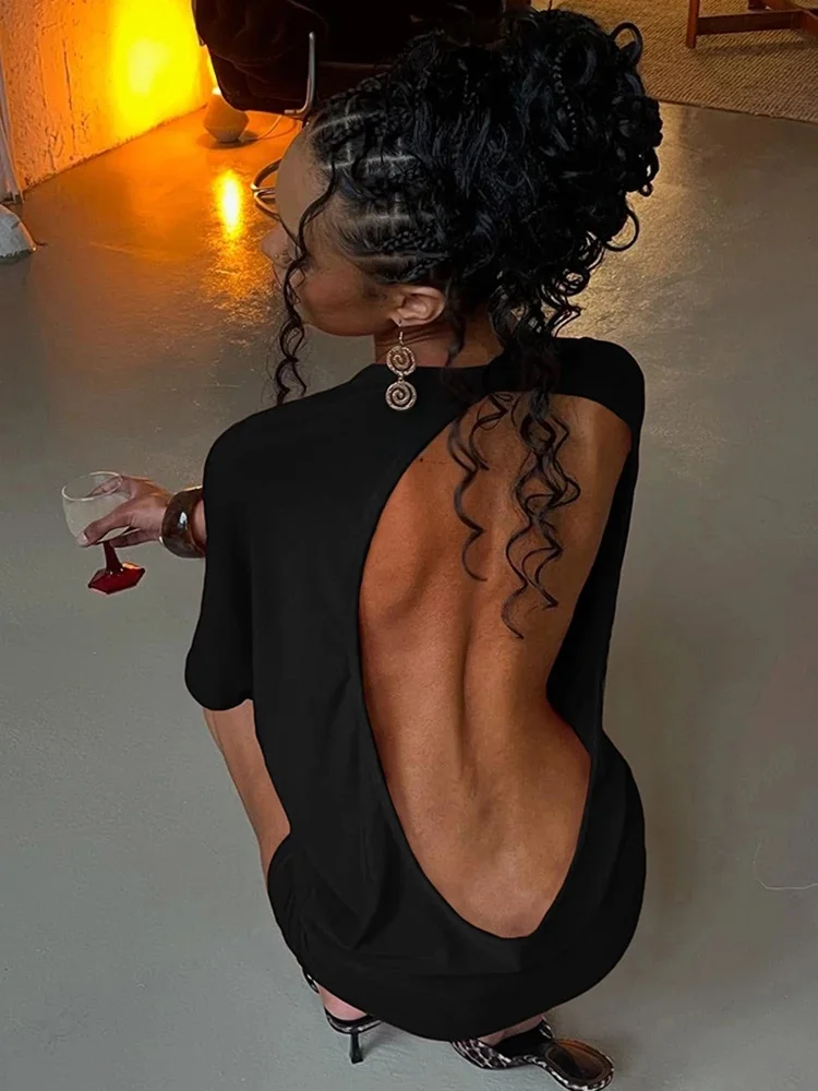 Nibber o-Cou Sexy Dos Nu Mini Robe Femmes Y2K Solide Tendance Style Demi Manches Épicé Filles Rue Minuit Mode Mince Tenues