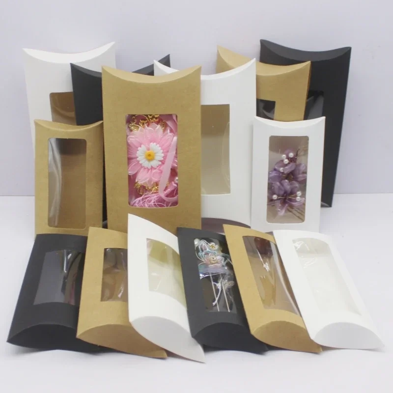 Coffret cadeau en papier vierge bricolage. Coffret cadeau oreiller taille Mutli avec fenêtre en pvc transparent, boîte de fenêtre en papier kraft/blanc/noir pour cadeau 10 pièces