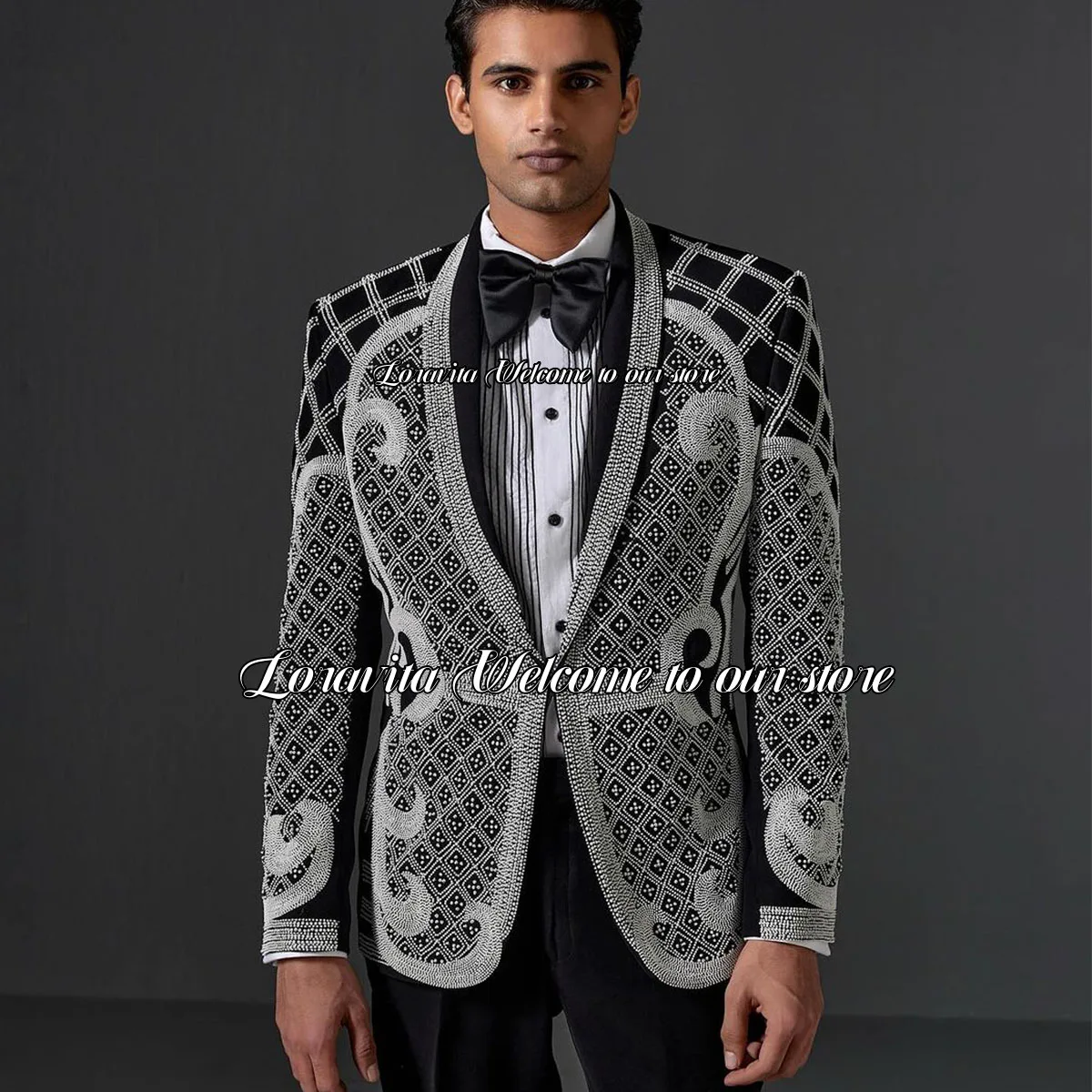 

Luxury Beaded Tuxedo Men Suits Embroidery Shawl Lapel Wedding Groom Male Prom Blazers Slim Fit 2 Piceces Set Party Costume Homme