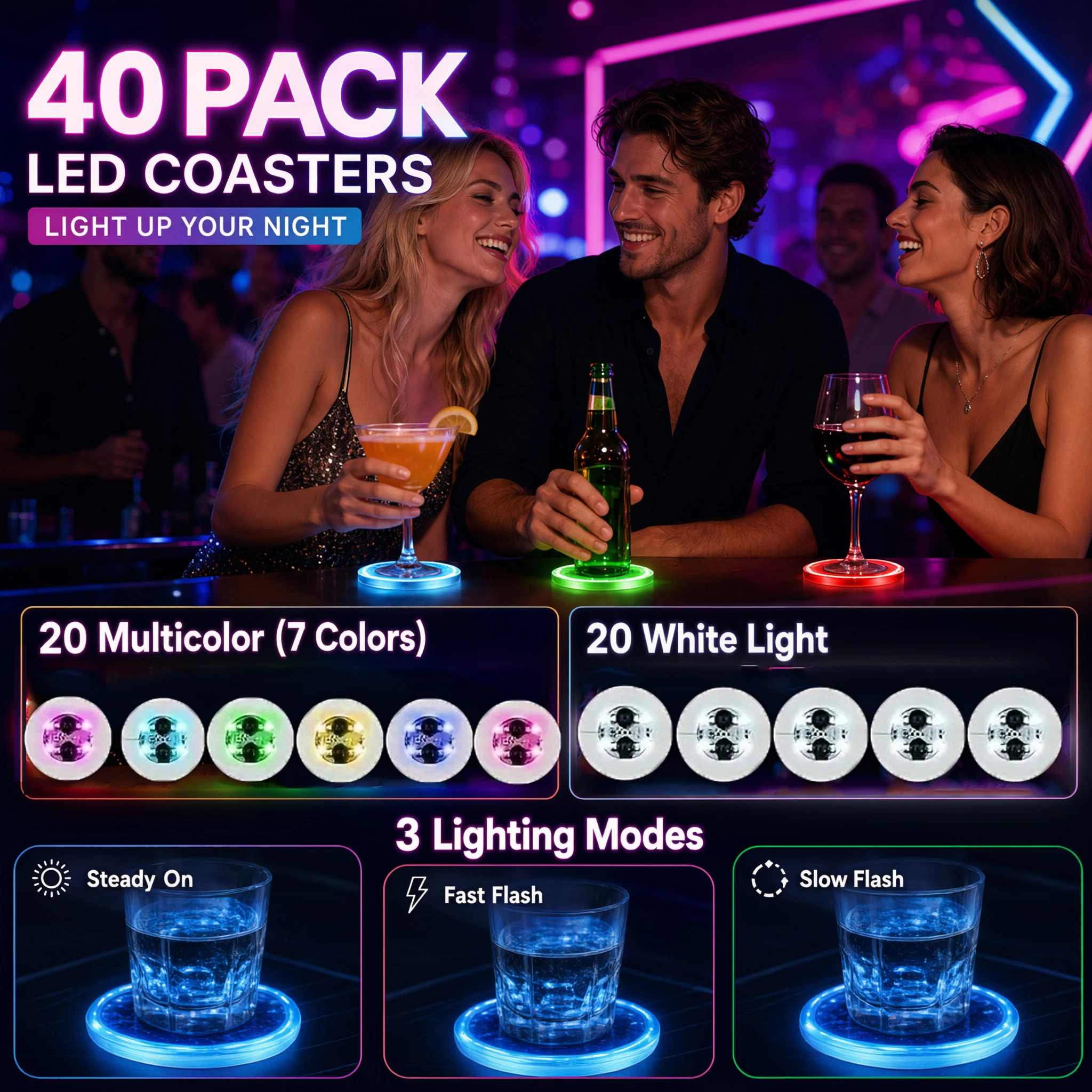 40-piece set of glowing LED coasters, colorful bar light-up coasters, desktop decoration, indoor mood lights, car interior decorative lights, event and party tableware props, luminous mood coasters, party supplies and bar accessories