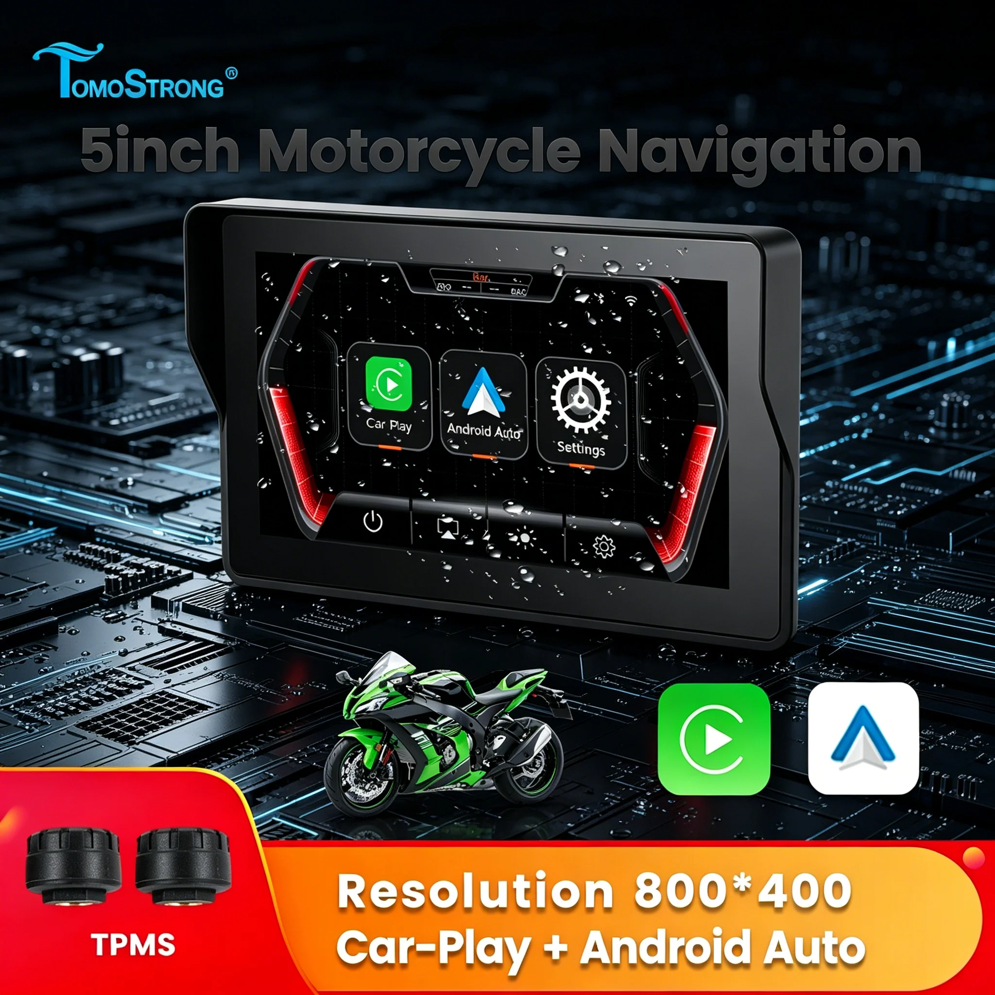 

5-дюймовый мотоциклетный навигационный дисплей Tomostrong с беспроводным CarPlay, Android Auto, TPMS, портативная цифровая приборная панель, универсальный.
