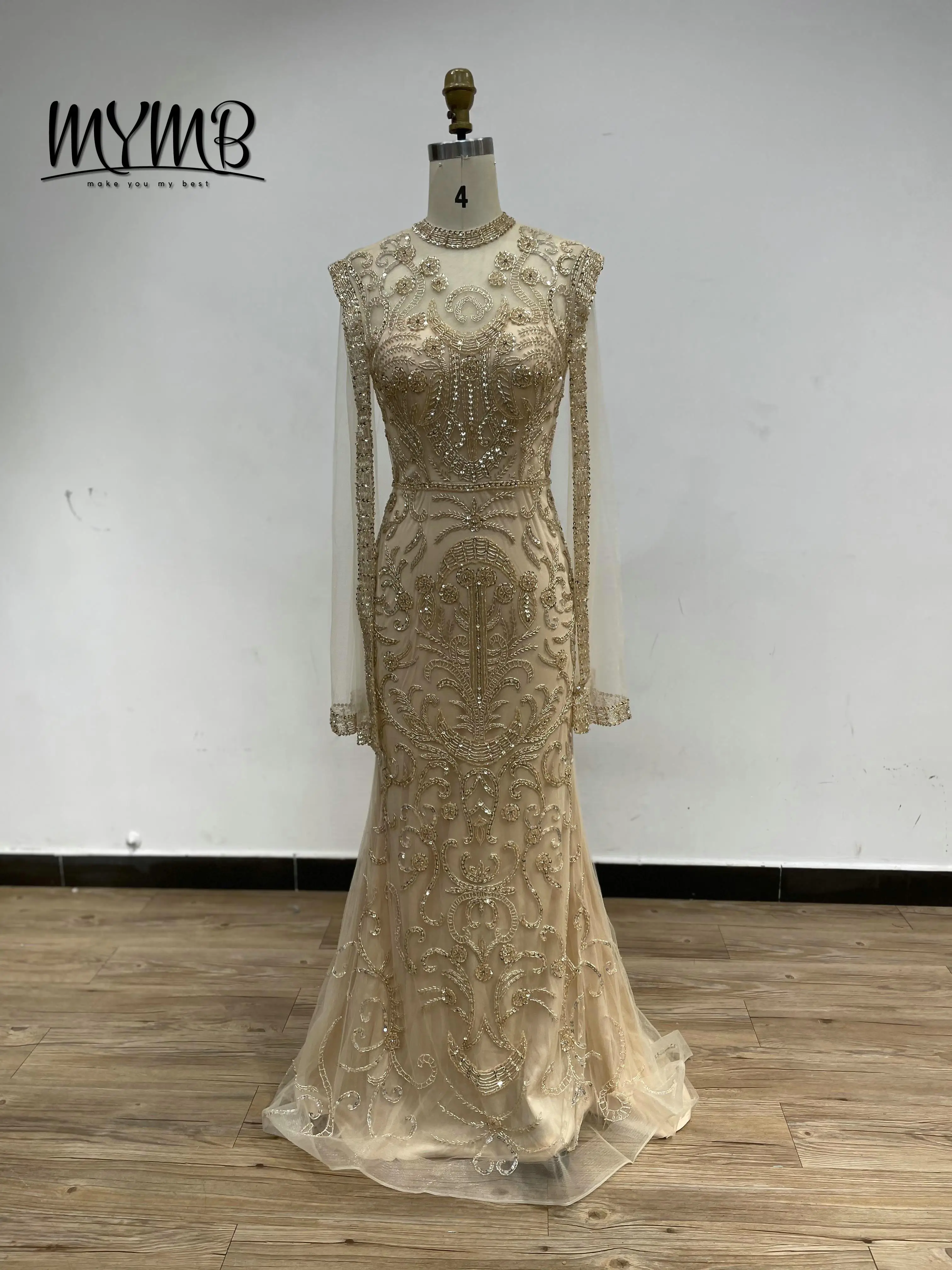 MYMB Luxurious Tulle Shawl Sequined Mermaid Evening Dresses High Neck Beading Embroidered Wedding Banquet Gowns for Lady DWN0391
