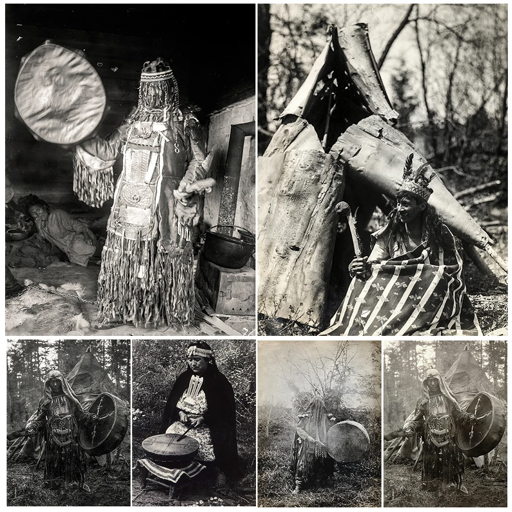 Shaman In Ceremonial Dress With A Covered Face,Vintage Photography Wall Art Print,North American Shaman Photo Art Poster Print