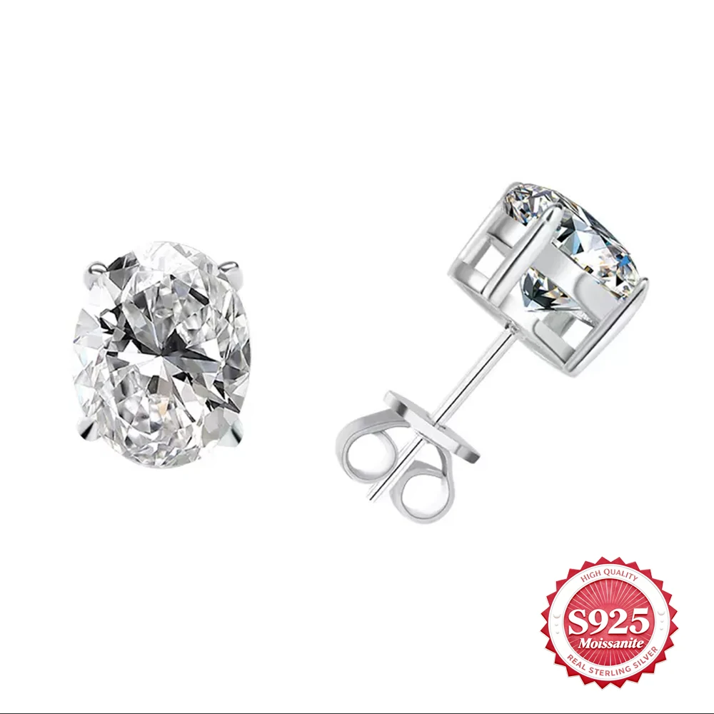 

S925 Silver Oval Cut Synthetic Moissanite Friction Stud Earrings Lab Grown D VVS1 Gemstone Fashion Jewelry Gift For Men Women