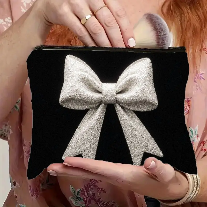 1Pc Shiny Bowknot Black and White Retro 2D Flat Design Multifunctional Travel Makeup Bag, Snack Storage Bag, Stationery Storage Bag, Fashionable Toiletry Bag, Canvas Double-Sided Printed Zipper Pouch