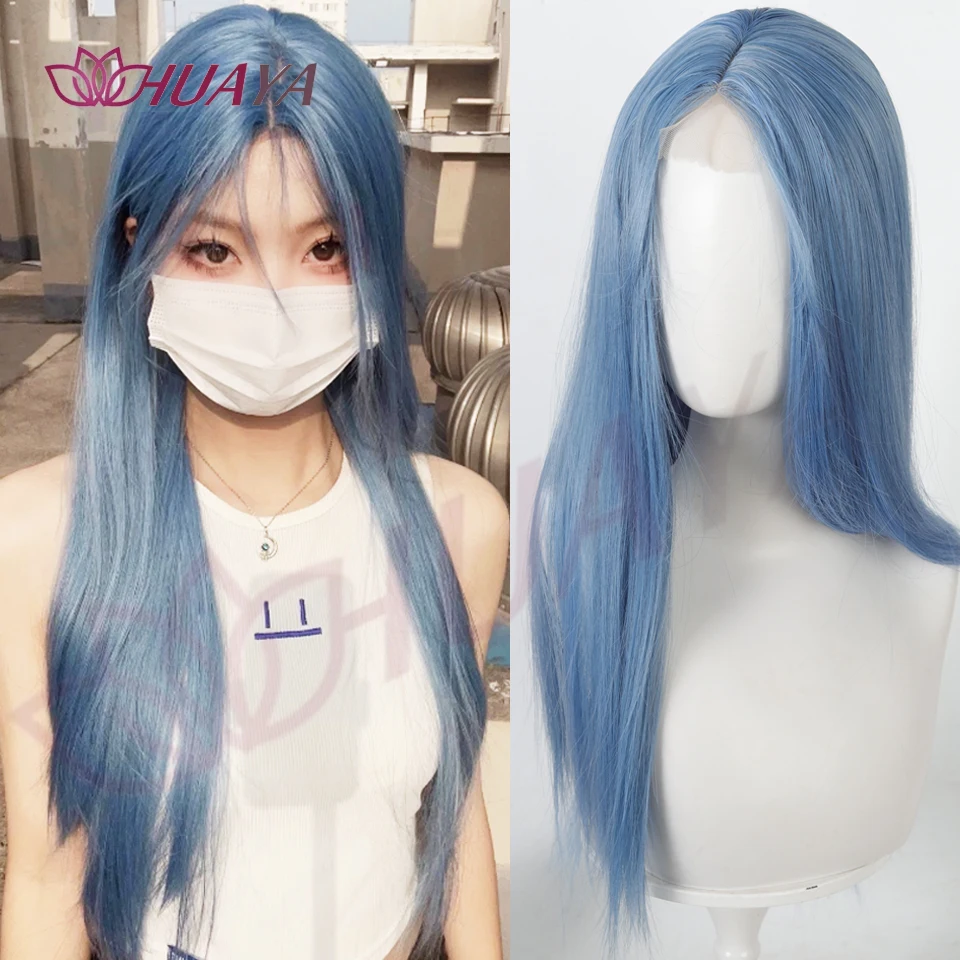 

Synthetic Long Straight Sky Blue Wig Middle-part Bangs Party Cosplay Daily Hair Wigs for Women Heat Resistant Fiber
