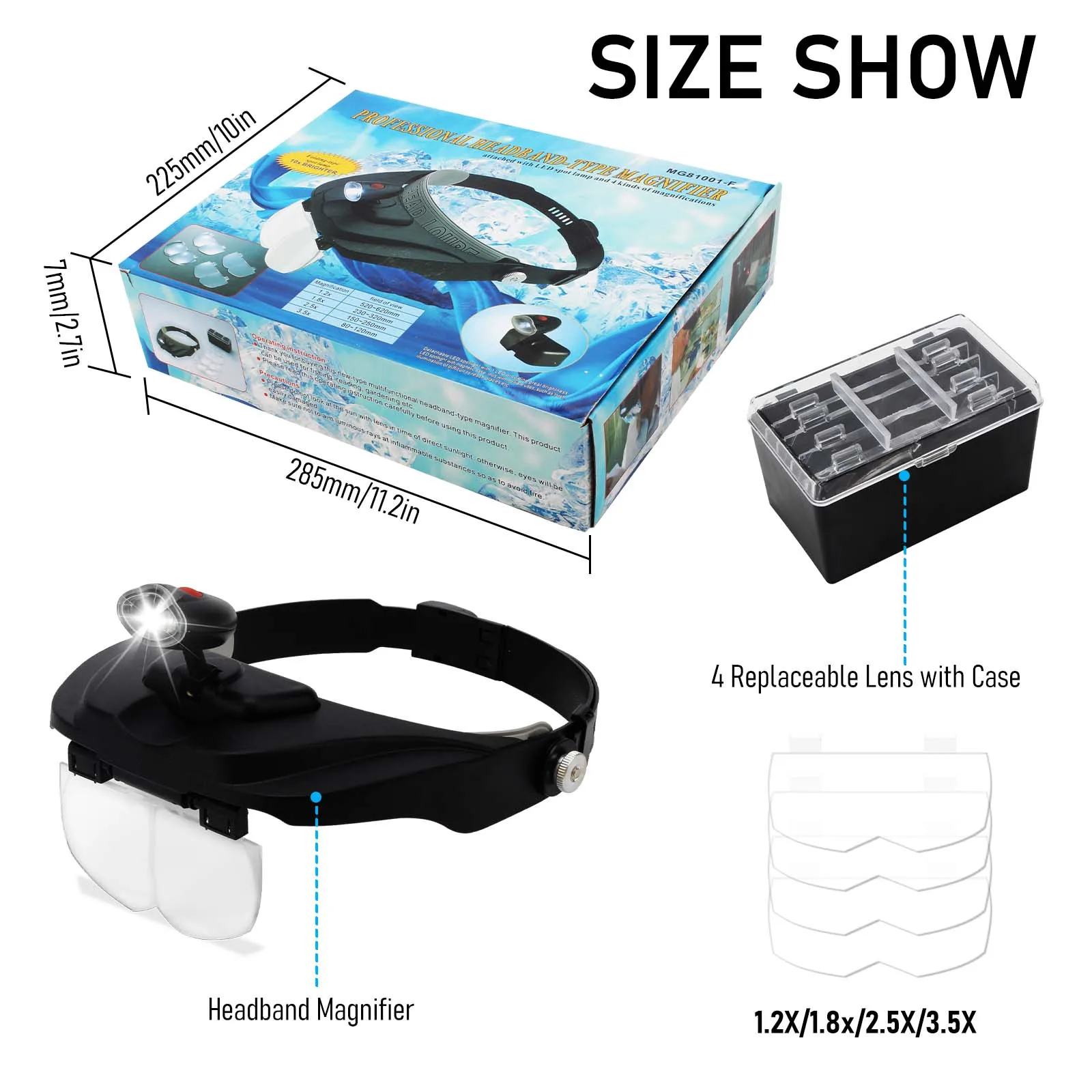 Head Mounted Lighting Magnifying Glass With LED Light 5 SetsOf Different Lenses 1.2X 2X 1.8X 2.5X 3.5X Jewelry Watch Repair