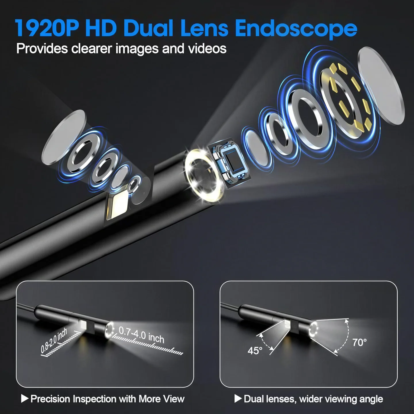 Dual Lens Endoscope Camera 1920P HD 5.5mm 8mm Borescope with Light Type C Snake Inspection Camera for iPhone 15 16 iPad Android