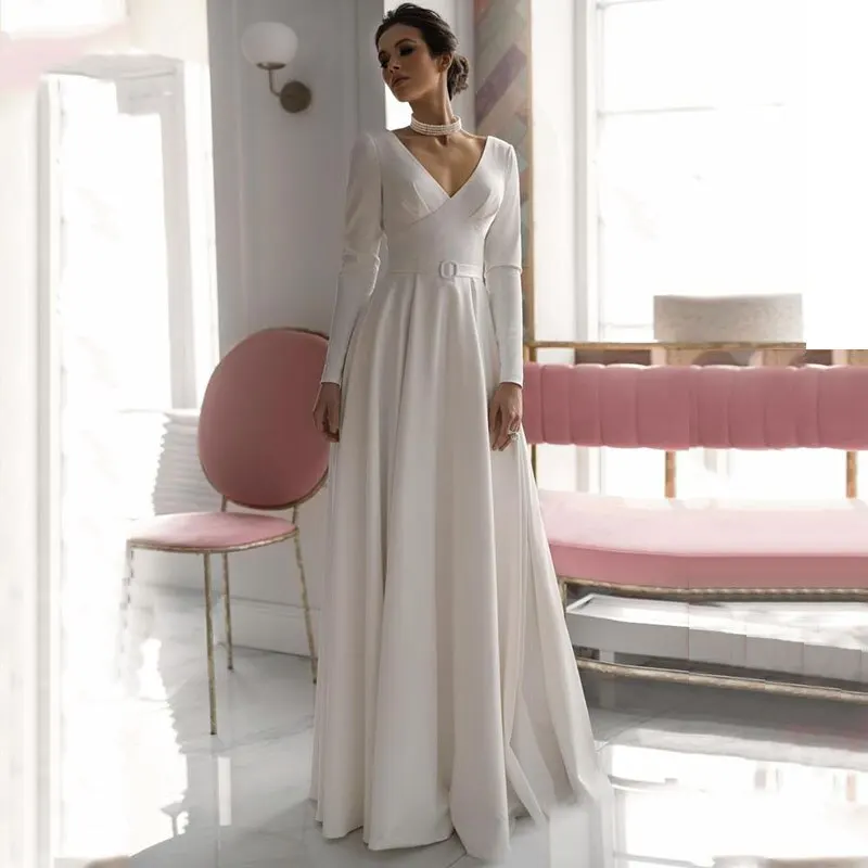 

Classic Long Sleeve Wedding Dress V-Neck A-Line Sexy Open Back Satin Elegant Floor-LengthBridal Gown With Belt Floor Length