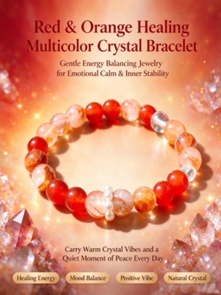 Natural Red Phantom & Carnelian Beaded Bracelet, Strong Elastic Stretch Cord, Hand Polished Round Beads, Multi-Treasure Design with Gentle Blessing Vibes, Meditation Accessory, Christmas Gift