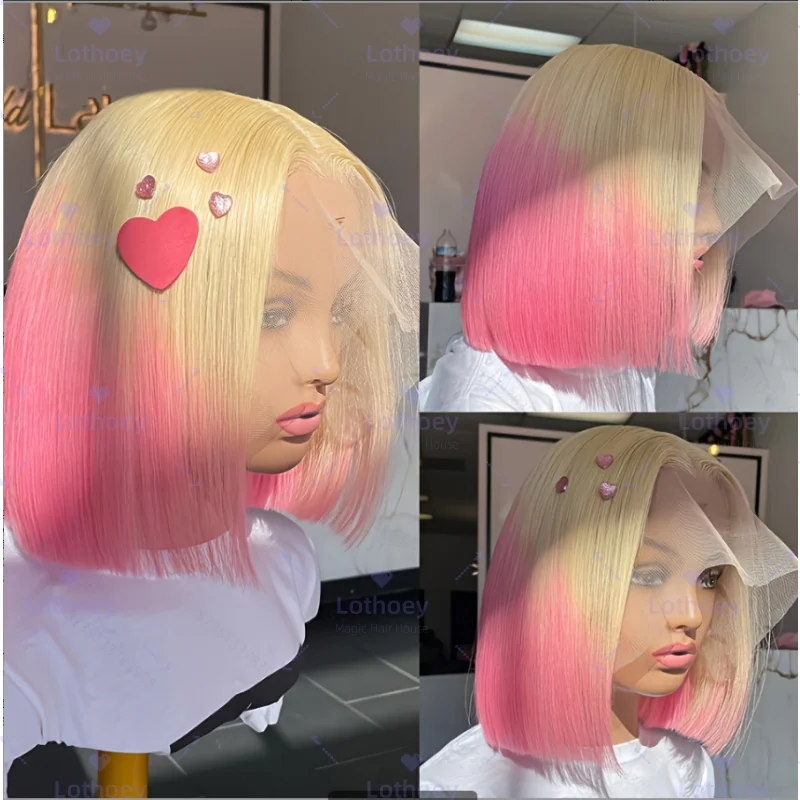 Ombre Pink Short Bob Wig Human Hair Straight Blue Lace Frontal Wig With Natural Hairline Pre Plucked Short Human Hair Wigs