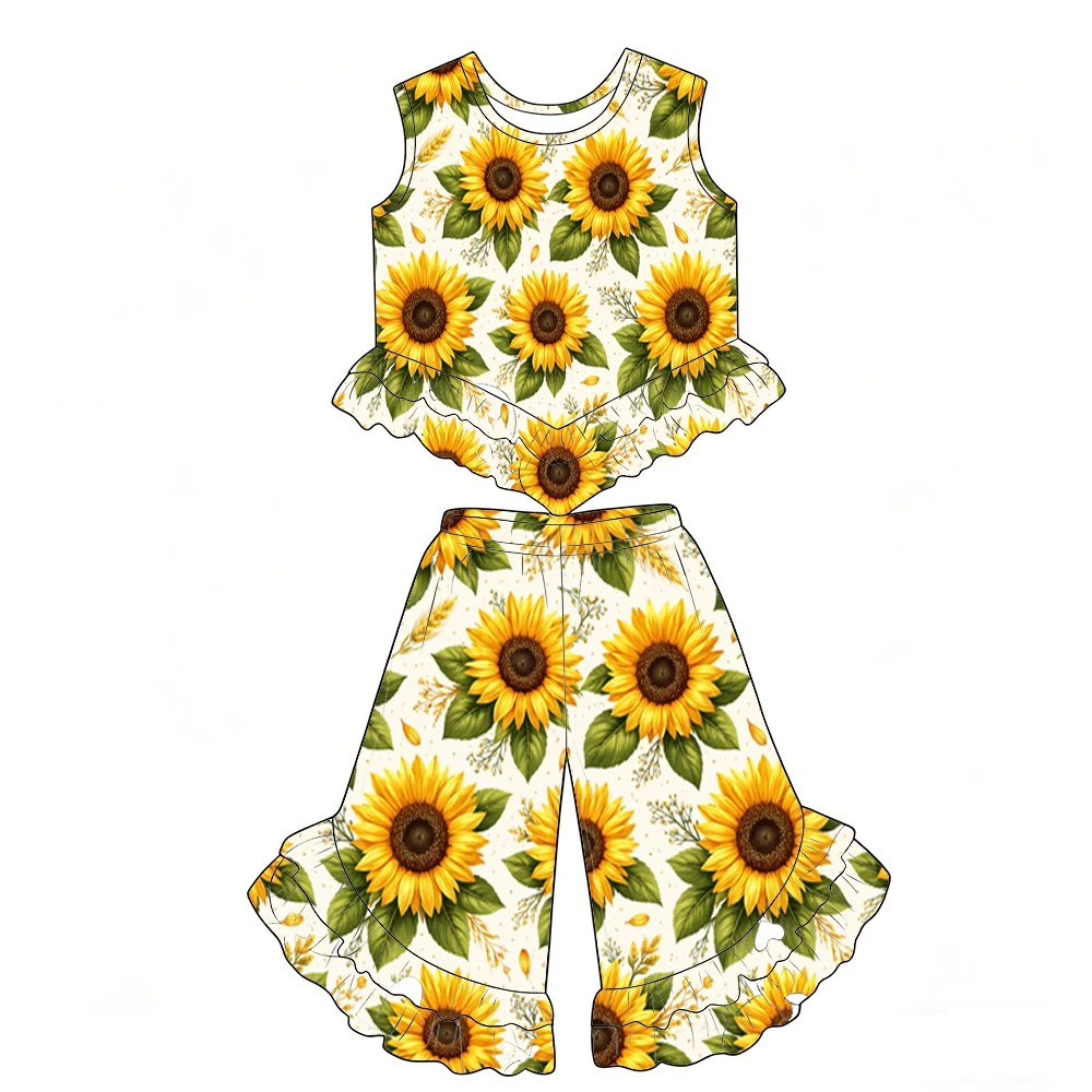 Boutique children's sets Sleeveless ruffled top paired with ruffled trousers girls set flower fruit cake cartoon print custom